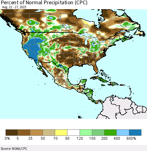 North America Percent of Normal Precipitation (CPC) Thematic Map For 8/21/2023 - 8/27/2023