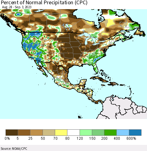 North America Percent of Normal Precipitation (CPC) Thematic Map For 8/28/2023 - 9/3/2023