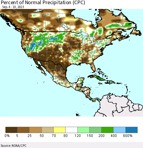 North America Percent of Normal Precipitation (CPC) Thematic Map For 9/4/2023 - 9/10/2023