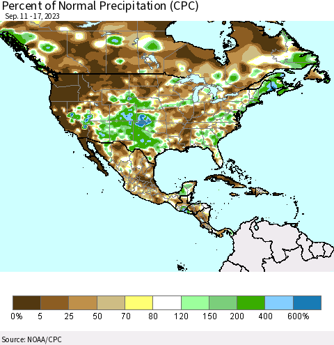 North America Percent of Normal Precipitation (CPC) Thematic Map For 9/11/2023 - 9/17/2023