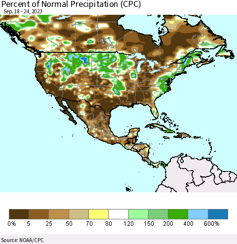 North America Percent of Normal Precipitation (CPC) Thematic Map For 9/18/2023 - 9/24/2023