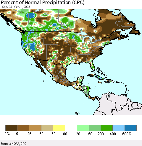 North America Percent of Normal Precipitation (CPC) Thematic Map For 9/25/2023 - 10/1/2023