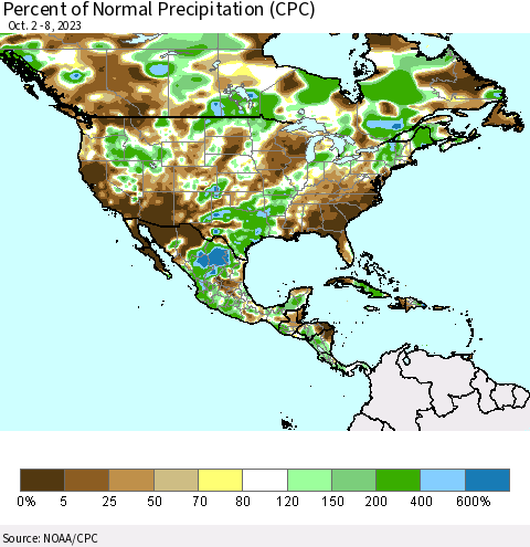 North America Percent of Normal Precipitation (CPC) Thematic Map For 10/2/2023 - 10/8/2023