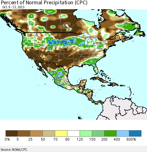 North America Percent of Normal Precipitation (CPC) Thematic Map For 10/9/2023 - 10/15/2023