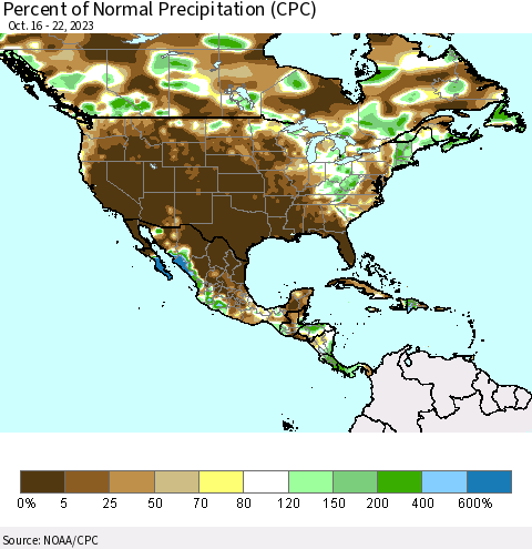 North America Percent of Normal Precipitation (CPC) Thematic Map For 10/16/2023 - 10/22/2023