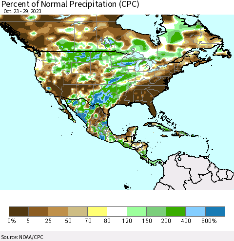 North America Percent of Normal Precipitation (CPC) Thematic Map For 10/23/2023 - 10/29/2023