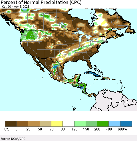 North America Percent of Normal Precipitation (CPC) Thematic Map For 10/30/2023 - 11/5/2023