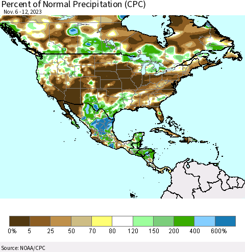 North America Percent of Normal Precipitation (CPC) Thematic Map For 11/6/2023 - 11/12/2023
