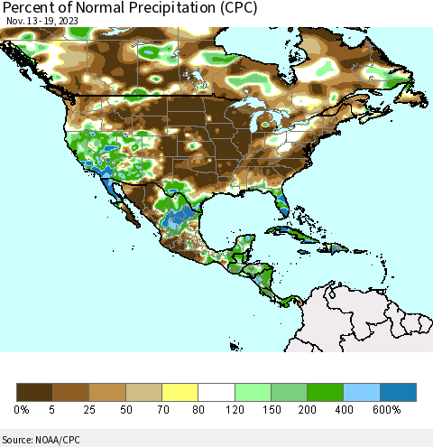 North America Percent of Normal Precipitation (CPC) Thematic Map For 11/13/2023 - 11/19/2023