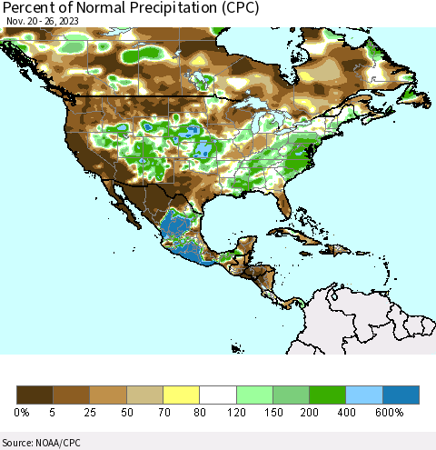 North America Percent of Normal Precipitation (CPC) Thematic Map For 11/20/2023 - 11/26/2023