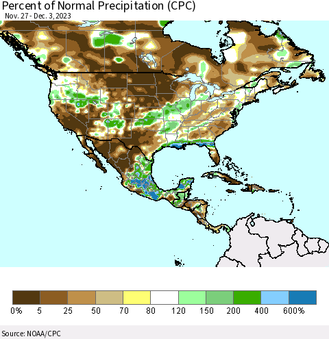 North America Percent of Normal Precipitation (CPC) Thematic Map For 11/27/2023 - 12/3/2023