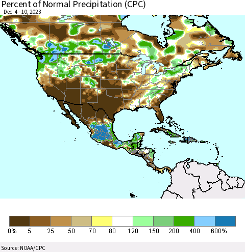 North America Percent of Normal Precipitation (CPC) Thematic Map For 12/4/2023 - 12/10/2023