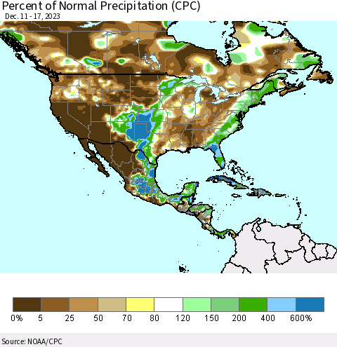 North America Percent of Normal Precipitation (CPC) Thematic Map For 12/11/2023 - 12/17/2023