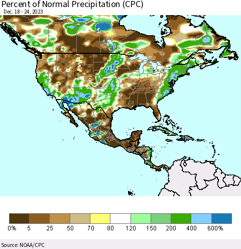North America Percent of Normal Precipitation (CPC) Thematic Map For 12/18/2023 - 12/24/2023