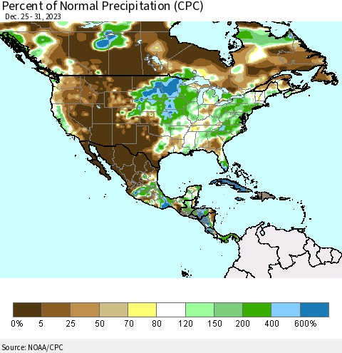 North America Percent of Normal Precipitation (CPC) Thematic Map For 12/25/2023 - 12/31/2023