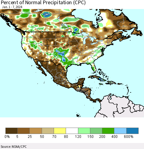 North America Percent of Normal Precipitation (CPC) Thematic Map For 1/1/2024 - 1/7/2024