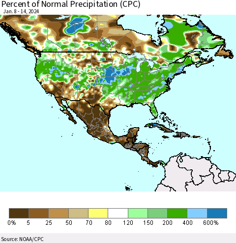 North America Percent of Normal Precipitation (CPC) Thematic Map For 1/8/2024 - 1/14/2024