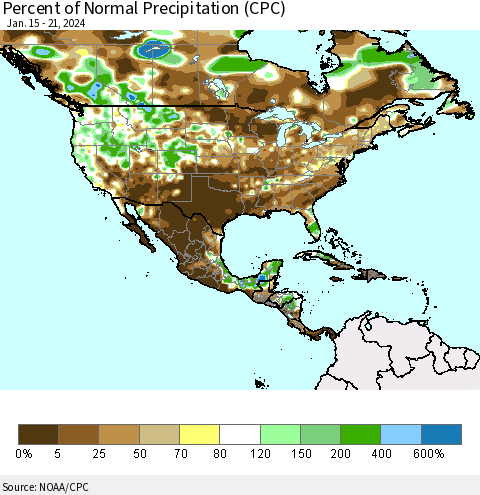 North America Percent of Normal Precipitation (CPC) Thematic Map For 1/15/2024 - 1/21/2024