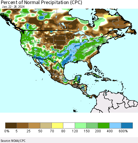 North America Percent of Normal Precipitation (CPC) Thematic Map For 1/22/2024 - 1/28/2024