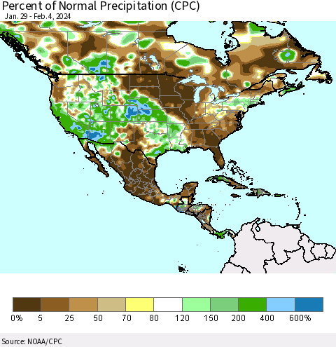 North America Percent of Normal Precipitation (CPC) Thematic Map For 1/29/2024 - 2/4/2024