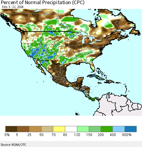 North America Percent of Normal Precipitation (CPC) Thematic Map For 2/5/2024 - 2/11/2024