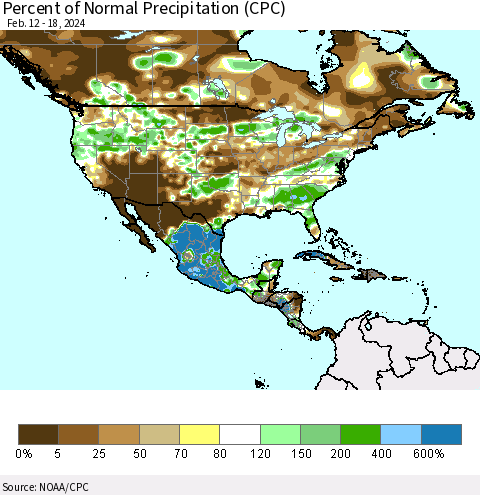 North America Percent of Normal Precipitation (CPC) Thematic Map For 2/12/2024 - 2/18/2024