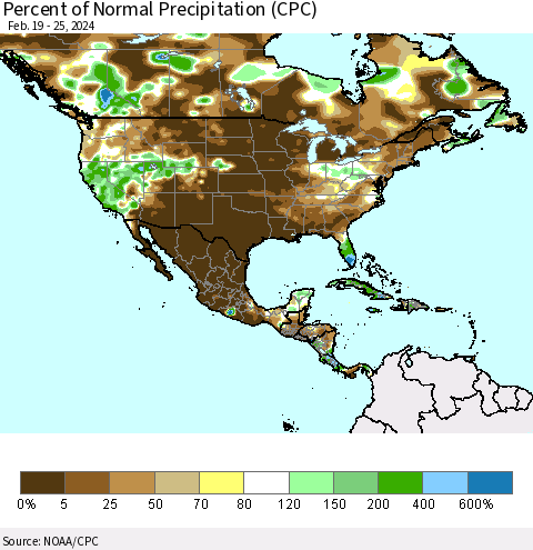 North America Percent of Normal Precipitation (CPC) Thematic Map For 2/19/2024 - 2/25/2024