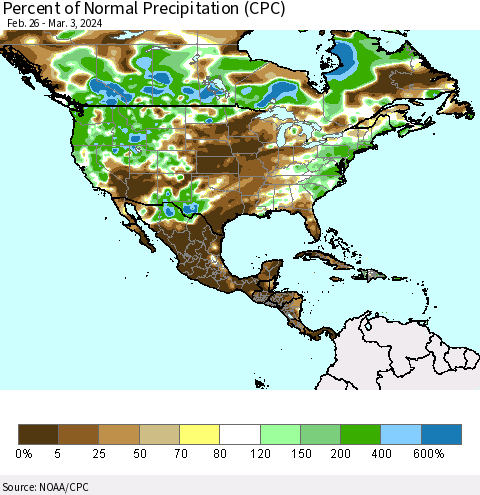 North America Percent of Normal Precipitation (CPC) Thematic Map For 2/26/2024 - 3/3/2024