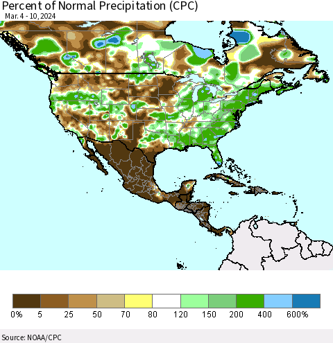 North America Percent of Normal Precipitation (CPC) Thematic Map For 3/4/2024 - 3/10/2024