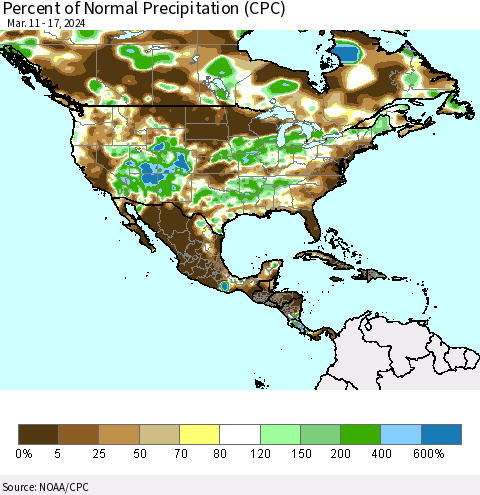 North America Percent of Normal Precipitation (CPC) Thematic Map For 3/11/2024 - 3/17/2024