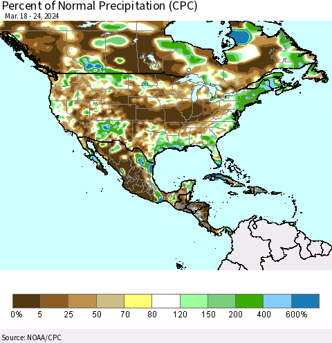 North America Percent of Normal Precipitation (CPC) Thematic Map For 3/18/2024 - 3/24/2024