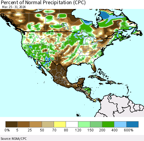 North America Percent of Normal Precipitation (CPC) Thematic Map For 3/25/2024 - 3/31/2024