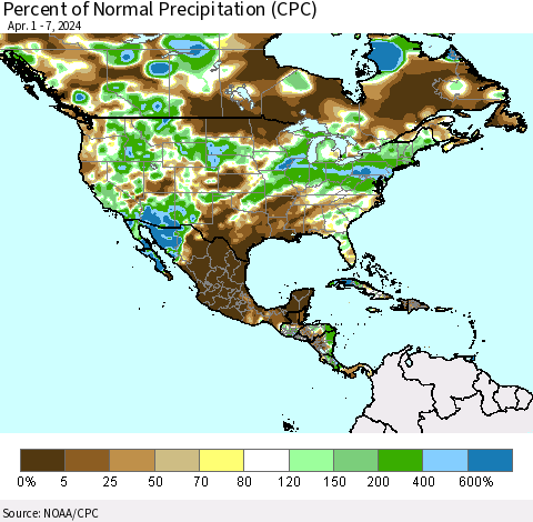 North America Percent of Normal Precipitation (CPC) Thematic Map For 4/1/2024 - 4/7/2024
