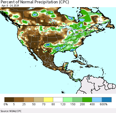 North America Percent of Normal Precipitation (CPC) Thematic Map For 4/8/2024 - 4/14/2024
