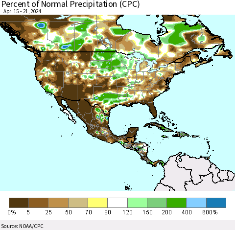 North America Percent of Normal Precipitation (CPC) Thematic Map For 4/15/2024 - 4/21/2024
