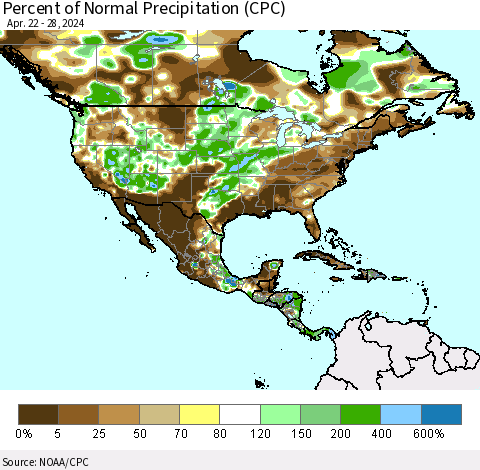 North America Percent of Normal Precipitation (CPC) Thematic Map For 4/22/2024 - 4/28/2024