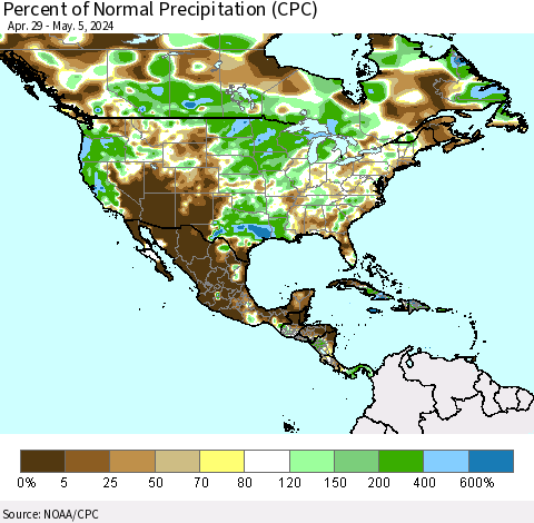 North America Percent of Normal Precipitation (CPC) Thematic Map For 4/29/2024 - 5/5/2024