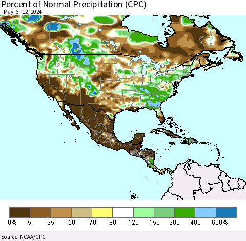 North America Percent of Normal Precipitation (CPC) Thematic Map For 5/6/2024 - 5/12/2024