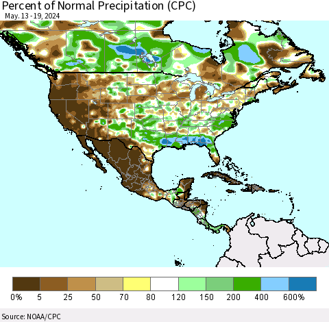 North America Percent of Normal Precipitation (CPC) Thematic Map For 5/13/2024 - 5/19/2024