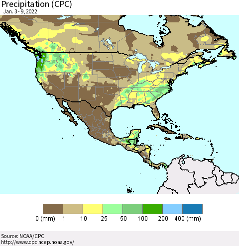 North America Precipitation (CPC) Thematic Map For 1/3/2022 - 1/9/2022