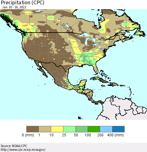 North America Precipitation (CPC) Thematic Map For 1/10/2022 - 1/16/2022