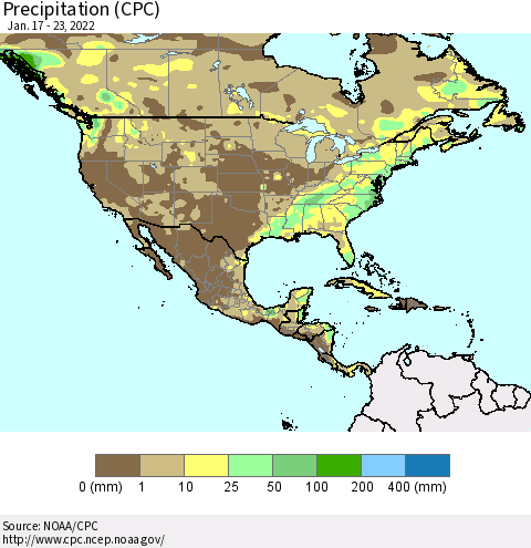 North America Precipitation (CPC) Thematic Map For 1/17/2022 - 1/23/2022