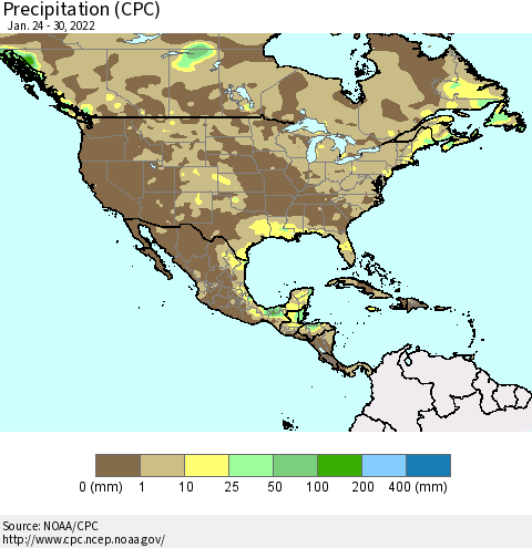 North America Precipitation (CPC) Thematic Map For 1/24/2022 - 1/30/2022