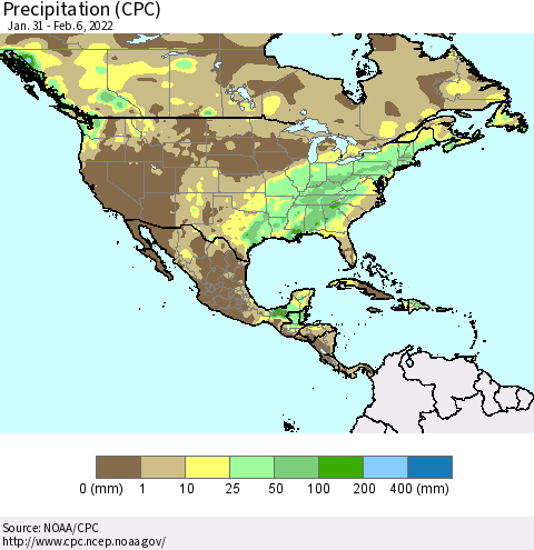 North America Precipitation (CPC) Thematic Map For 1/31/2022 - 2/6/2022