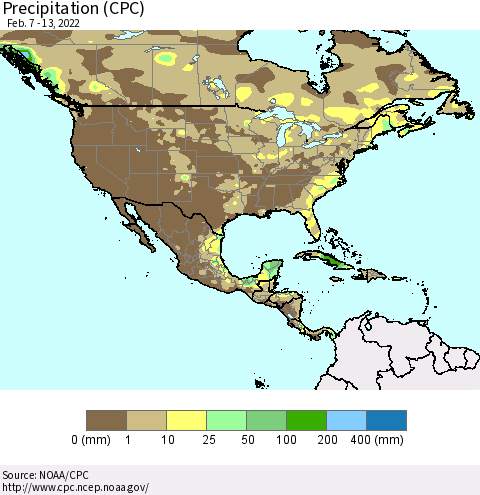 North America Precipitation (CPC) Thematic Map For 2/7/2022 - 2/13/2022