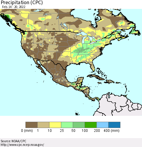 North America Precipitation (CPC) Thematic Map For 2/14/2022 - 2/20/2022