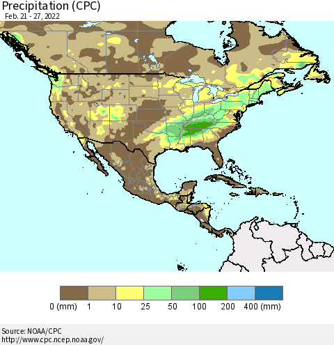 North America Precipitation (CPC) Thematic Map For 2/21/2022 - 2/27/2022