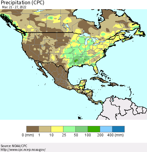 North America Precipitation (CPC) Thematic Map For 3/21/2022 - 3/27/2022