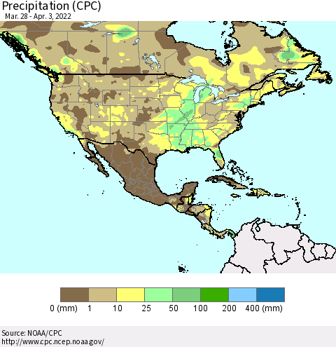 North America Precipitation (CPC) Thematic Map For 3/28/2022 - 4/3/2022