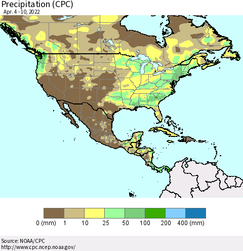 North America Precipitation (CPC) Thematic Map For 4/4/2022 - 4/10/2022